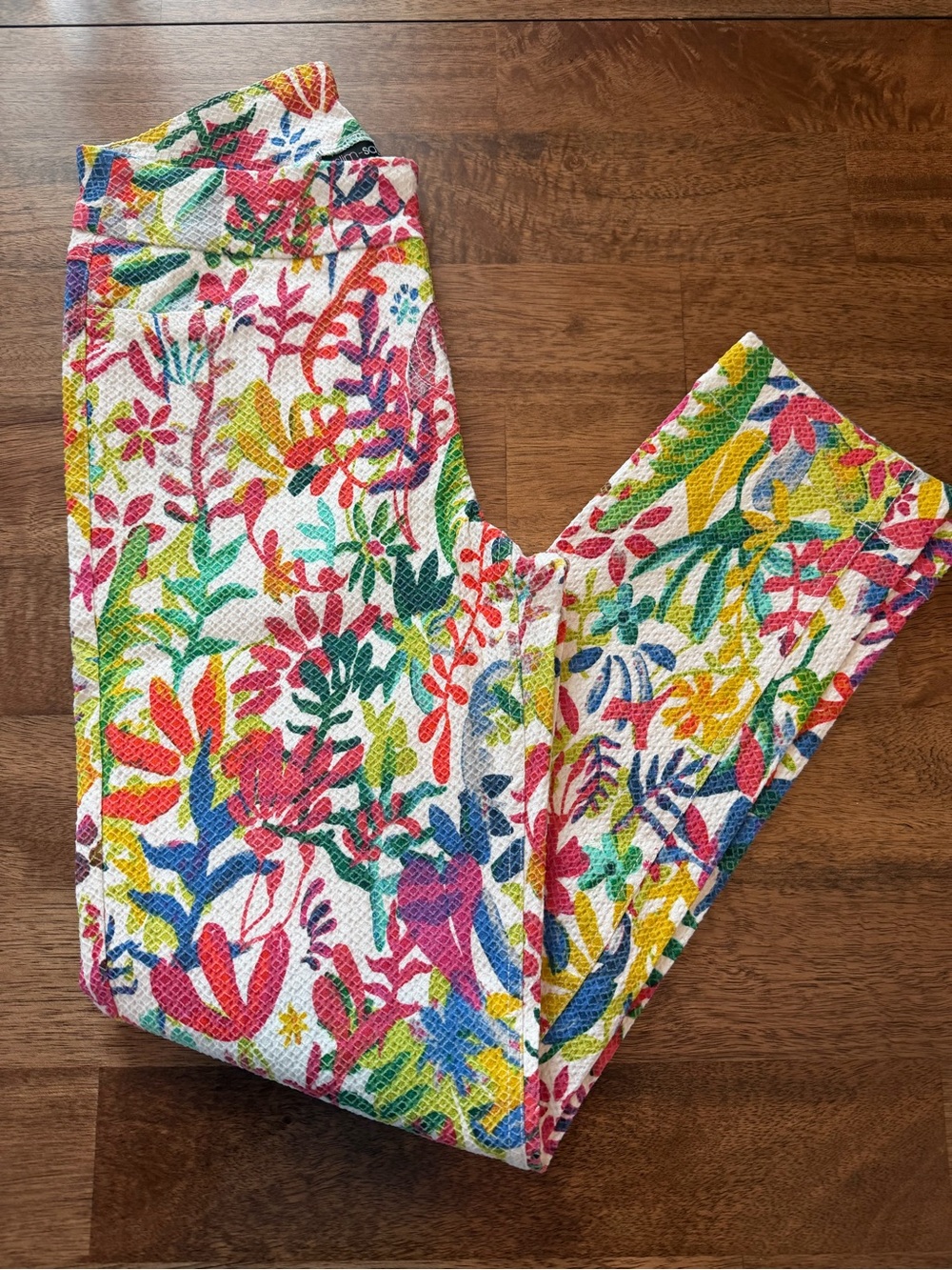 Slim-Sation Floral Textured Leggings Pants - Pink Green Blue Yellow Size 4